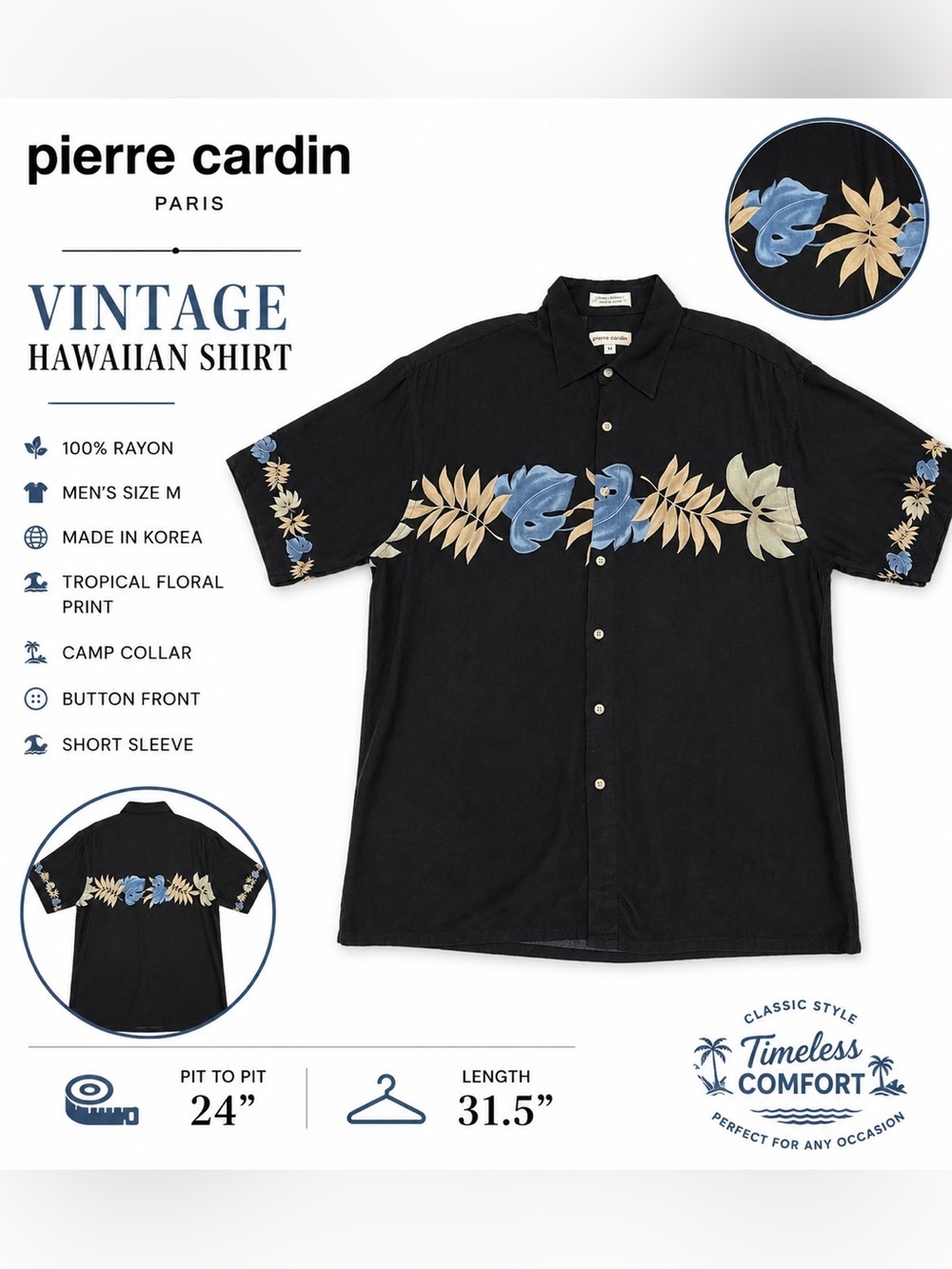 Vintage Pierre Cardin Rayon Hawaiian Shirt Black Blue Floral Camp Mens M